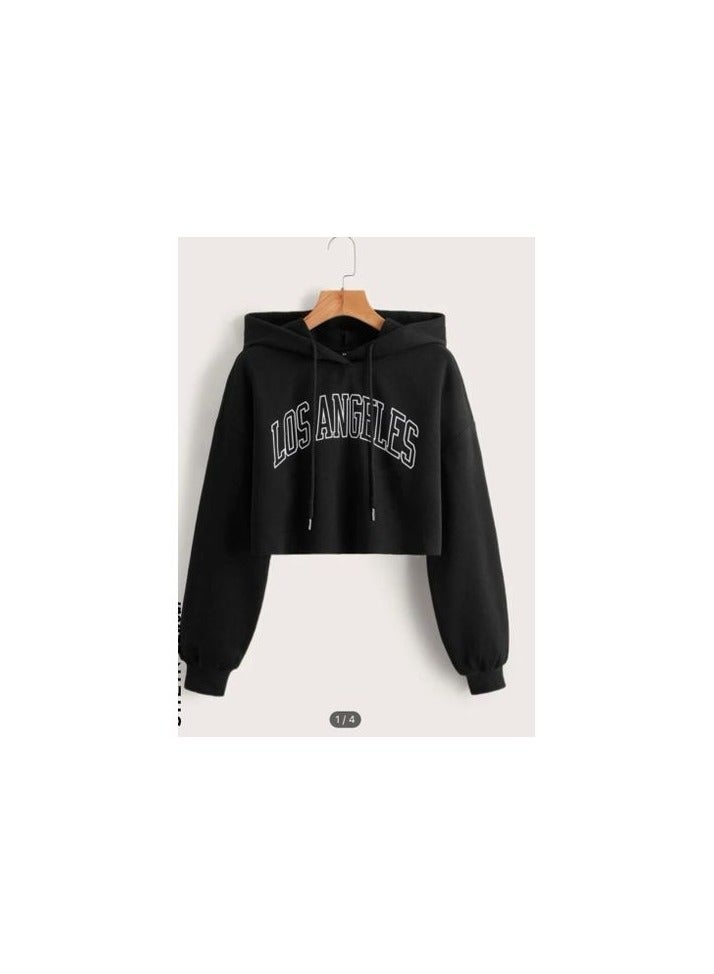 Women's short round neck hoodie - Black