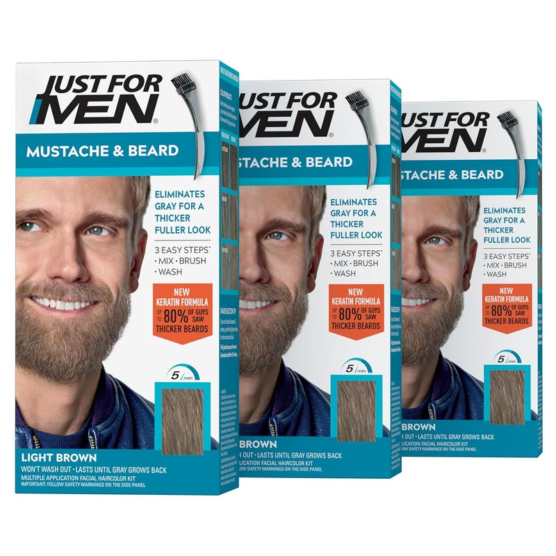 Just For Men Just For Men Mustache & Beard, Beard Dye for Men with Brush Included for Easy Application, With Biotin Aloe and Coconut Oil for Healthy Facial Hair - Light Brown, M-25, Pack of 3