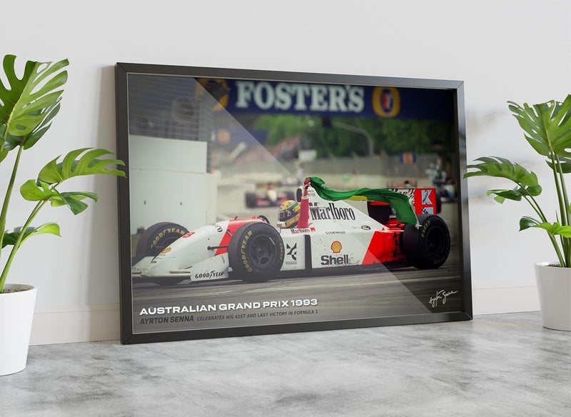 FRAMEO STORE Ayrton Senna Australian GP 1993 Glass frame Ayrton Senna last win celebration wall art framed poster A3 size 12 X 18 Inches - Image 1