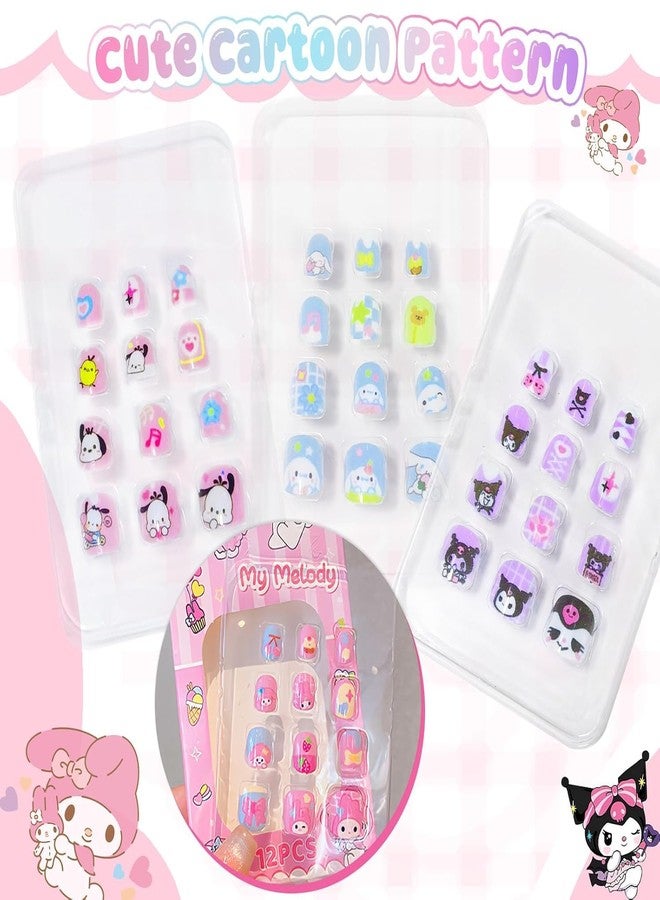ZOVUTA 48Pcs Press on Nails for Kids - Cute Cartoon Fake Nails with Jelly Glue, Short Artificial Nail Art Kit for Girls, Reusable & Safe Nail Extensions for Easy DIY Manicure - Image 2