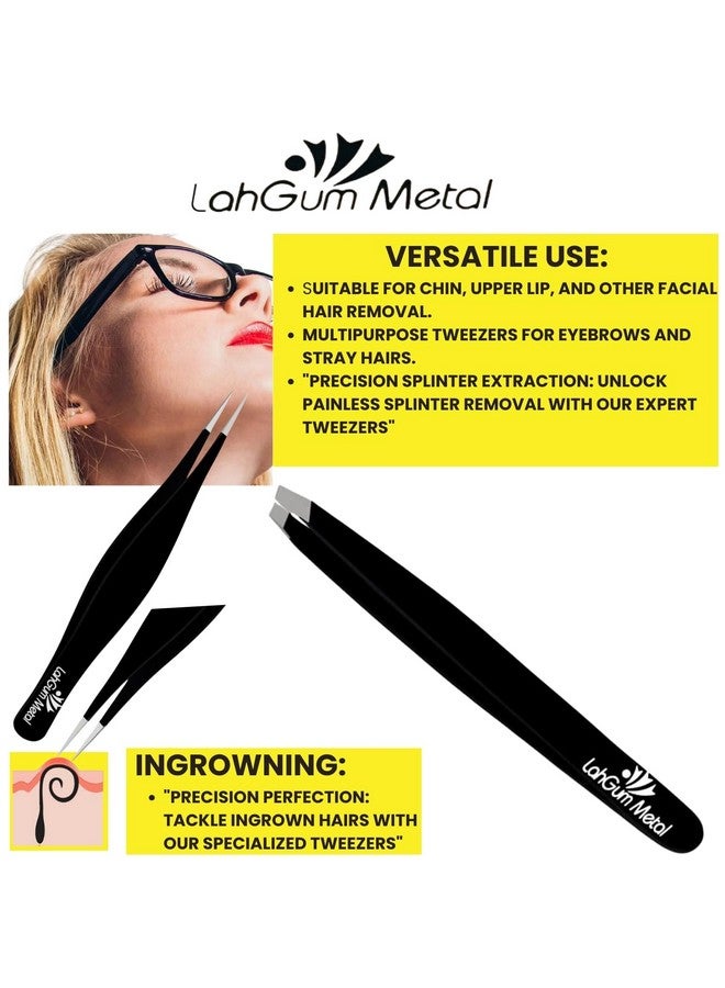 LahGum Metal Ingrown Hair Tweezers For Men & High Precision Tweezers For Women Facial Hair Chin Sharpbest Eyebrow Tweezer Slant & Needle Point Professional Grade Splinter Tweezers Needle Nose Ultra Fine Black - Image 3