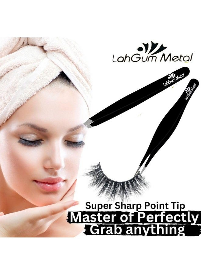LahGum Metal Ingrown Hair Tweezers For Men & High Precision Tweezers For Women Facial Hair Chin Sharpbest Eyebrow Tweezer Slant & Needle Point Professional Grade Splinter Tweezers Needle Nose Ultra Fine Black - Image 4