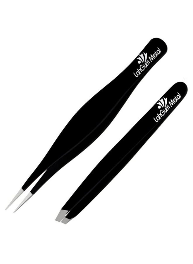 LahGum Metal Ingrown Hair Tweezers For Men & High Precision Tweezers For Women Facial Hair Chin Sharpbest Eyebrow Tweezer Slant & Needle Point Professional Grade Splinter Tweezers Needle Nose Ultra Fine Black - Image 1