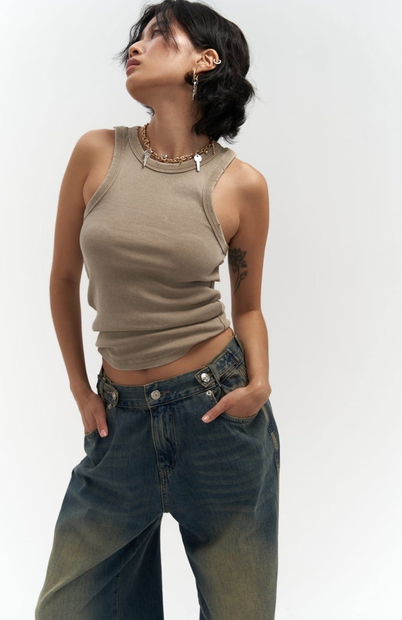 Mai Collection Port Belt Detailed Dirty Blue Jeans - Image 1