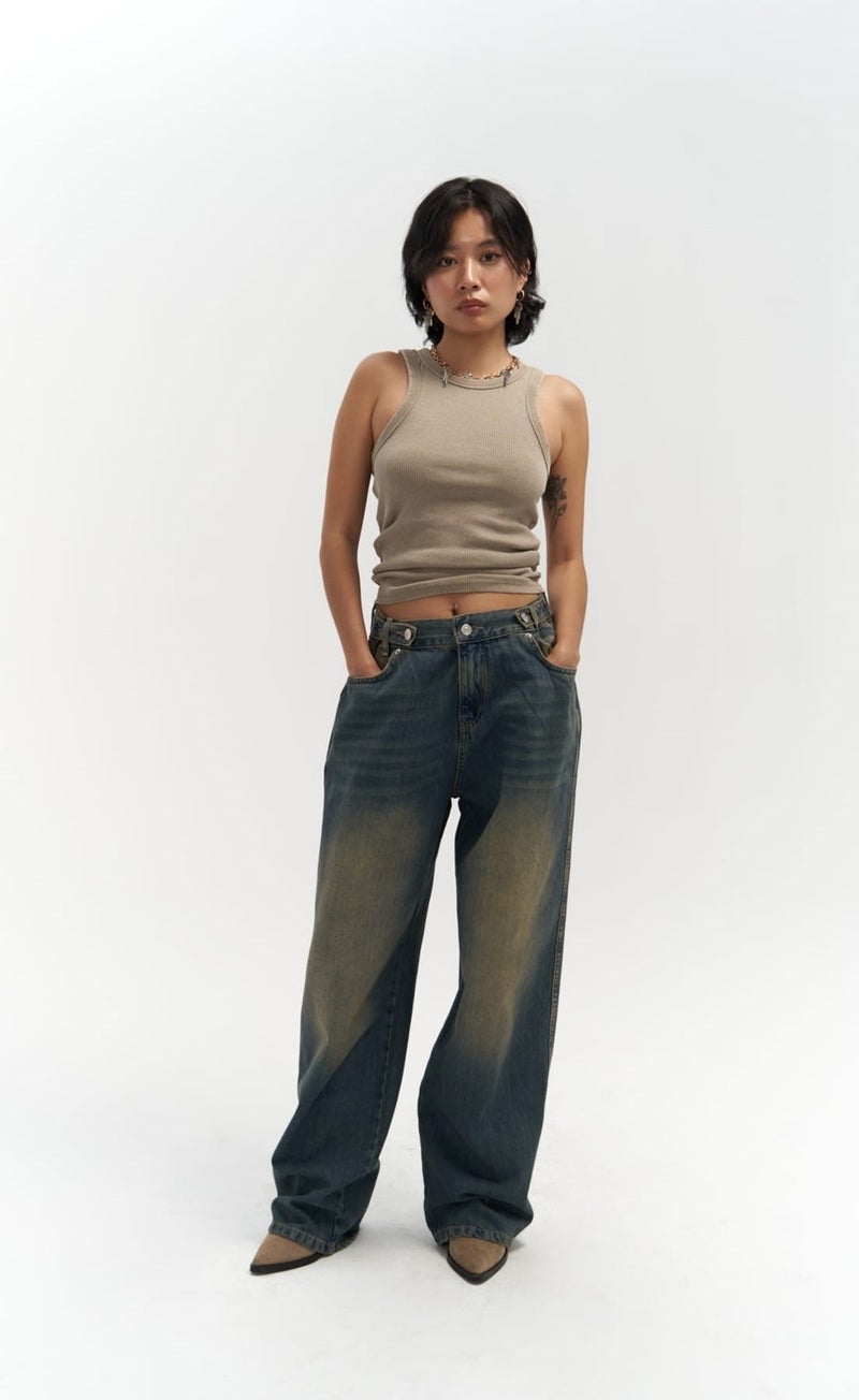 Mai Collection Port Belt Detailed Dirty Blue Jeans - Image 2