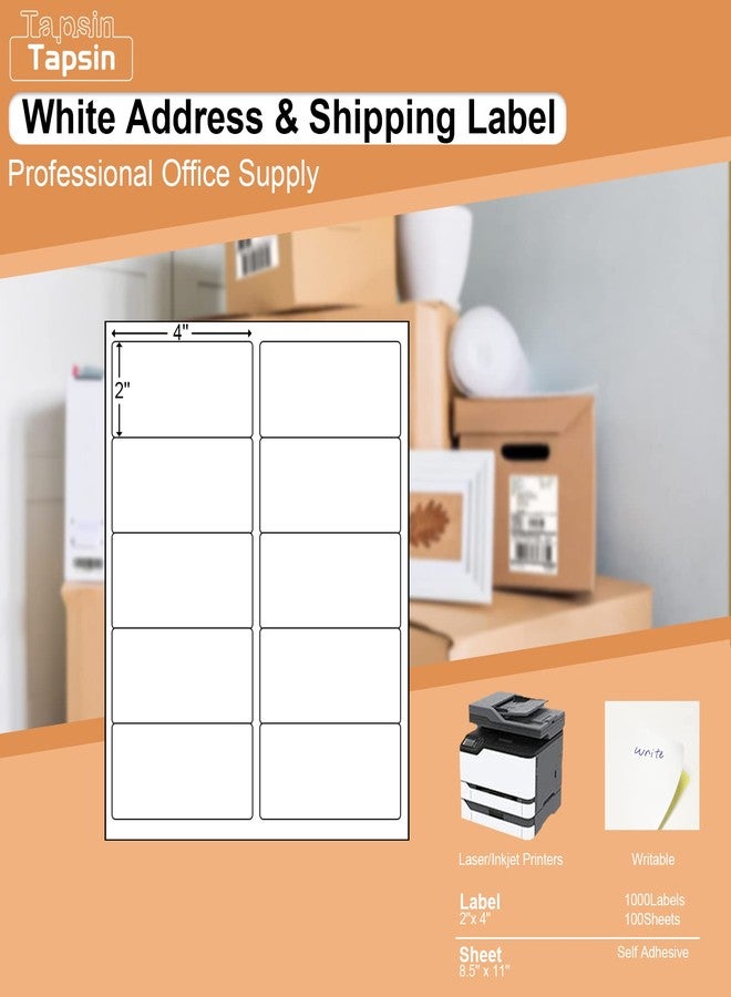 Tapsin 1000 2" x 4" Laser/Ink Jet Shipping Labels, 100 Sheets (10 Labels per Sheet), Compatible with Template 5163, 8163, 5137, 5263, 5523, 5963, 6427, 6528, 8463, 18163 - Image 1
