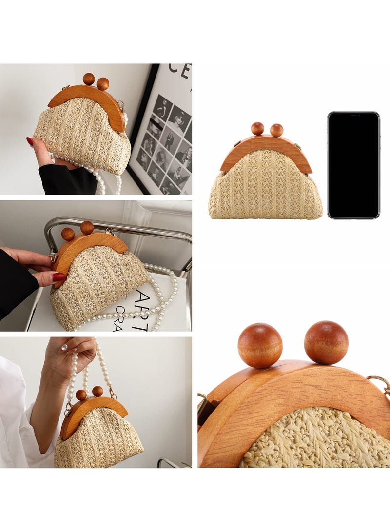 Excefore Straw Crossbody Handbag for Women, Mini Purse Rattan Wallet Bag Summer Beach Woven Pearl Straw Shoulder Bag Clutch - Image 4
