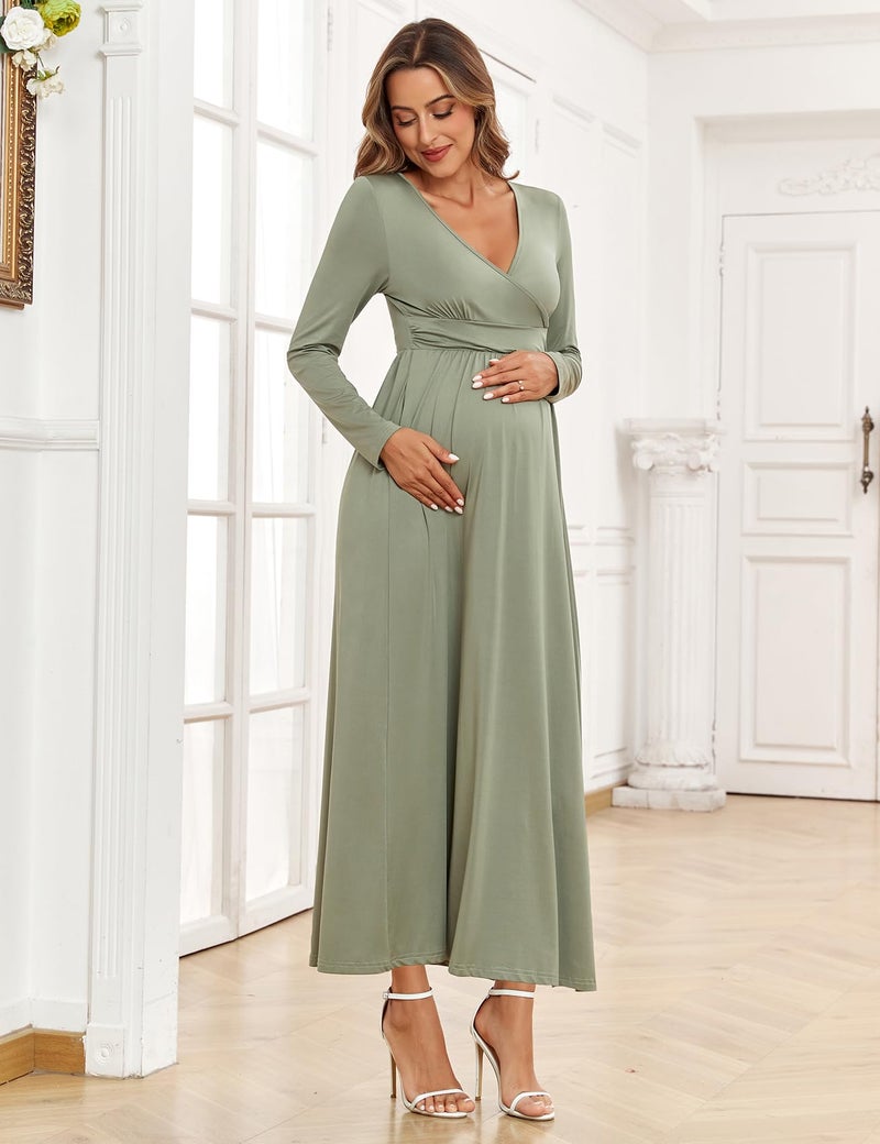 AISWI 2025 Women's Maternity Maxi Dress Long Sleeve Wrap V Neck Pregnancy Dresses with Pockets Baby Shower Photoshoot Formal Cocktail, Sage Green, Medium - Image 5