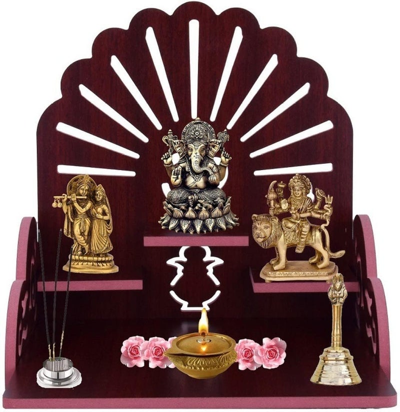 BerryBox Berybox Wooden Temple with Om Symbol, Wall-Mounted Pooja Mandir, Mahogany Finish for Home, Office, Shop, Wall Mounted Medium Size : 25.5x24x25 Cm Wooden Temple - Image 1