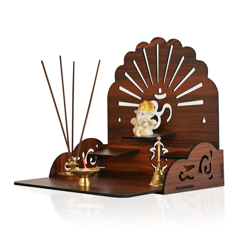 BerryBox Berybox Wooden Temple with Om Symbol, Wall-Mounted Pooja Mandir, Mahogany Finish for Home, Office, Shop, Wall Mounted Medium Size : 25.5x24x25 Cm Wooden Temple - Image 5
