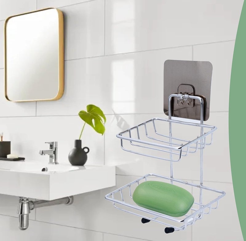 Boniry Wall Mounted Double Layer soap Dish Holder Stainless Steel Wall Hanging Soap Storage Rack for Kitchen Bathroom-with Self Adhesive Magic Sticker (Silver) - Image 4
