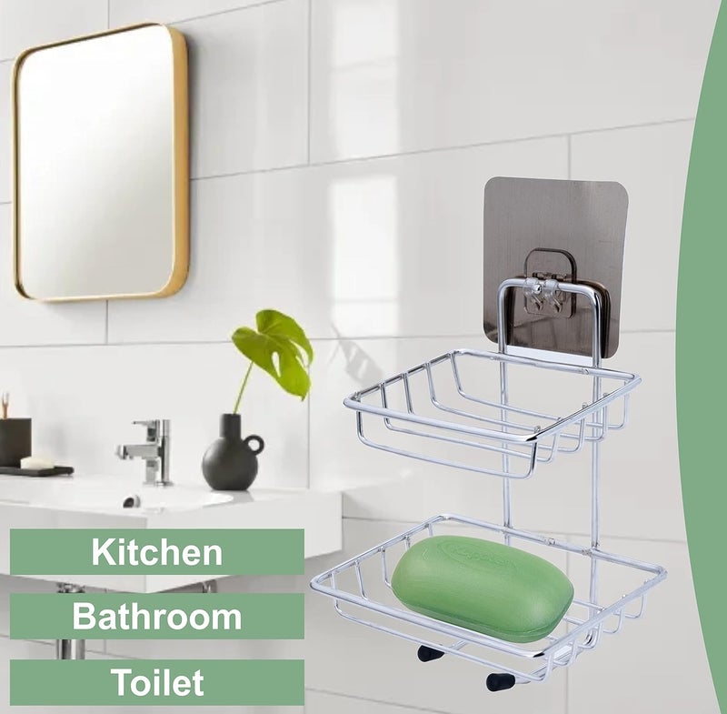 Boniry Wall Mounted Double Layer soap Dish Holder Stainless Steel Wall Hanging Soap Storage Rack for Kitchen Bathroom-with Self Adhesive Magic Sticker (Silver) - Image 5