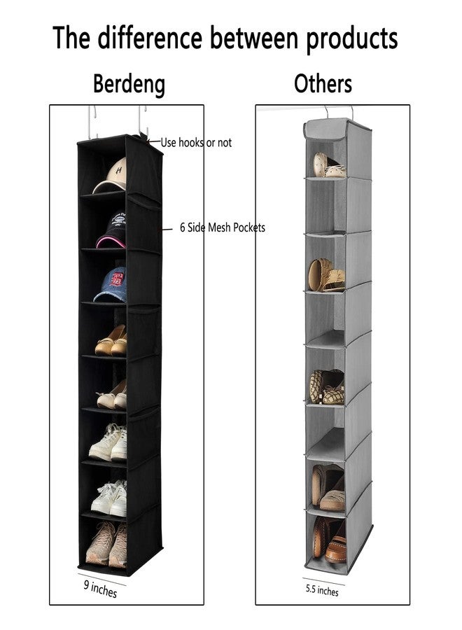 Berdeng Hanging Shoe Organizer for Closet with Side Mesh Pockets，Hat Racks for Baseball Caps，Shoe and Hat Holder & Storage，8-Shelf，Black，2 Pack - Image 2