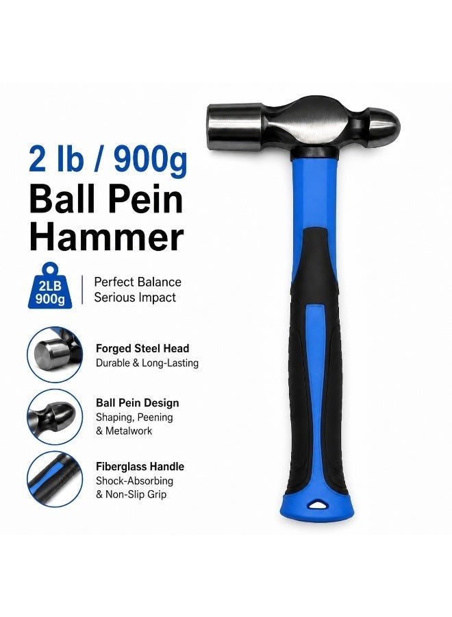 2 lb Fiberglass Handle Ball Pein Hammer with Steel Head and Anti-Slip Grip for Metalwork, Mechanical Repair, Workshop and DIY Use WK-17054 - Image 2