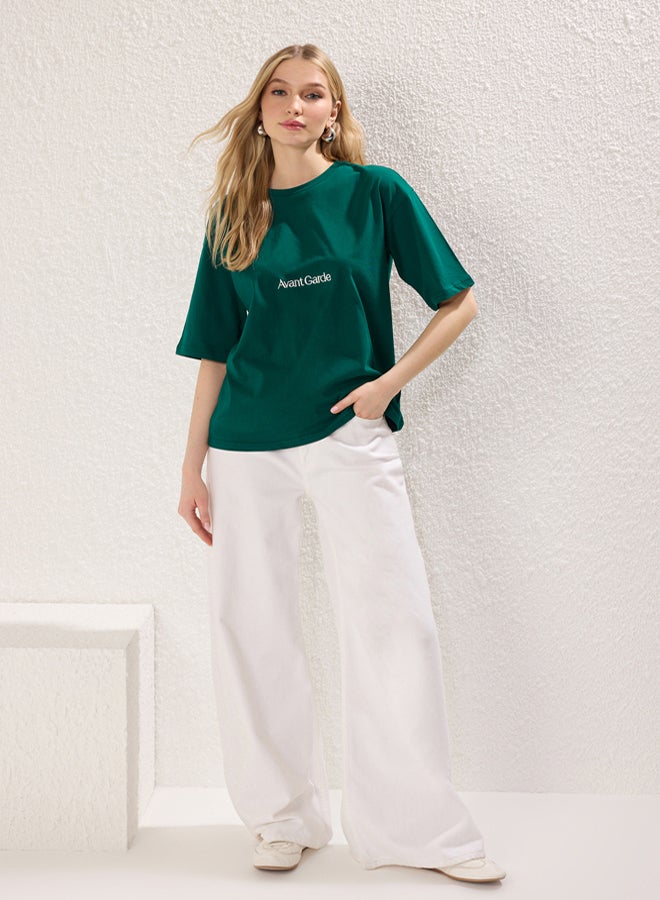 trendyol Emerald Green Slogan Embroidered Relaxed/Wide Comfort Cut Crew Neck T-Shirt  - Image 2