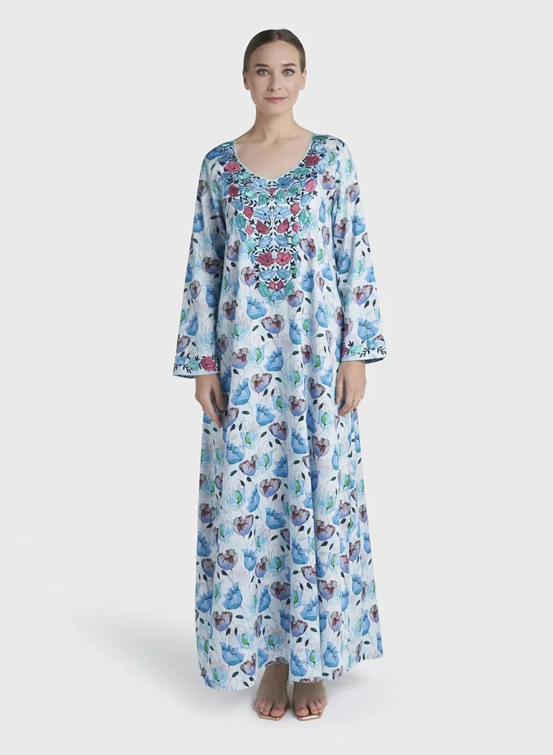 Kashkha Blue Colour Stone Work Cotton Satin Floral Printed Jalabiya (VG3285)
