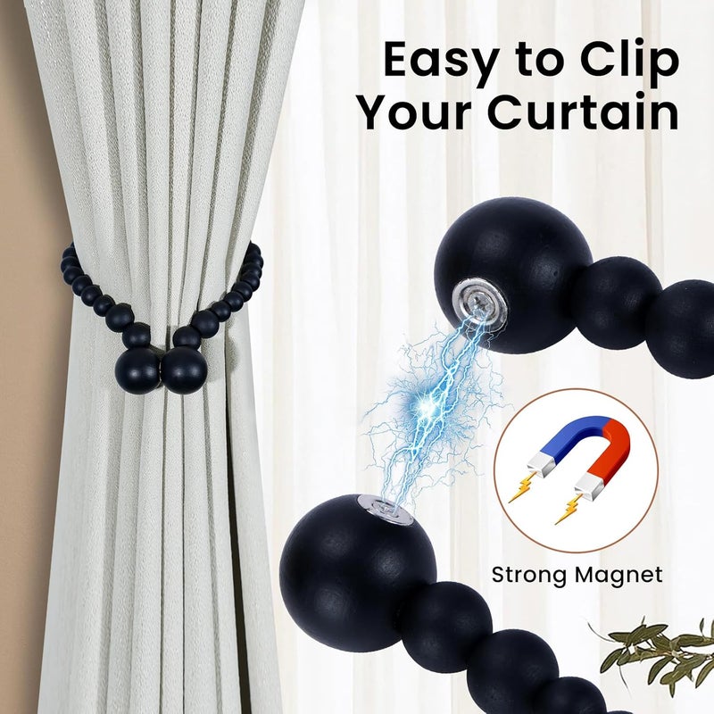 KLOGTSIND Magnetic Curtain Tiebacks, Curtain Tie Backs for Curtains 2 Pack, Wood Bead Curtain Tiebacks, Curtain Holders for Boho Bedroom Decor, Baby Nursery Decor, Farmhouse Decor - Image 2