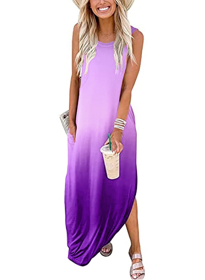 Loquat New Women's Crewneck Sleeveless Gradual Color Print Dress