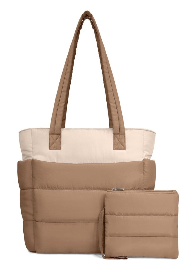 TOPDesign Puffer Tote Bag for Women, Lightweight Puffy Handbag with Compartments & Cosmetic Bag, Quilted Shoulder Bags for Work, Travel, Gym, Gifting (M Khaki/Beige) - Image 1