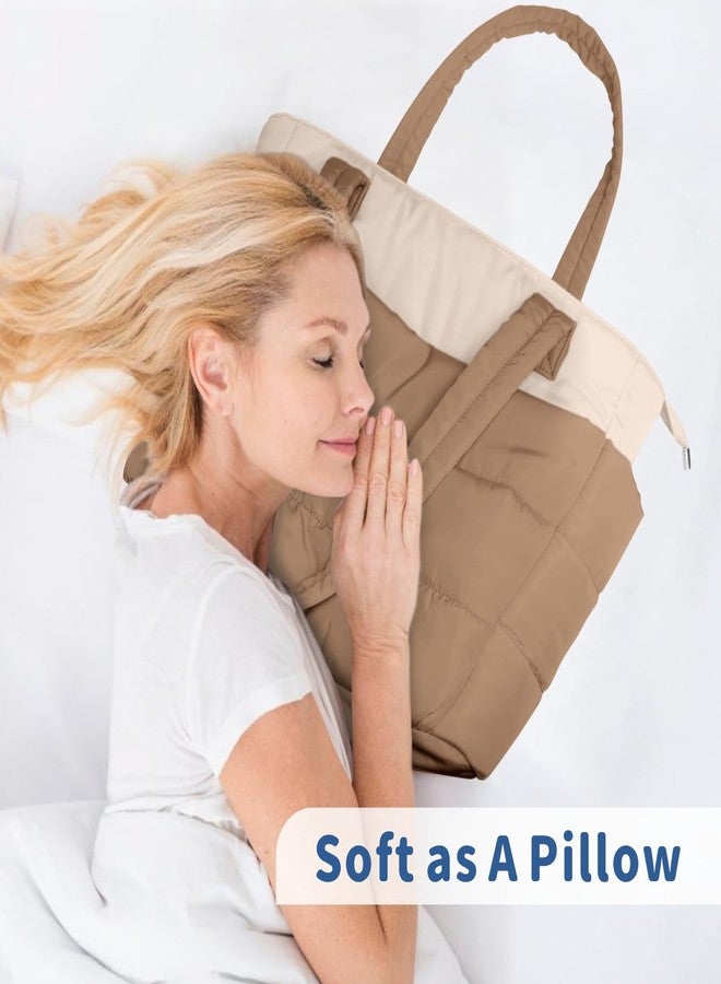 TOPDesign Puffer Tote Bag for Women, Lightweight Puffy Handbag with Compartments & Cosmetic Bag, Quilted Shoulder Bags for Work, Travel, Gym, Gifting (M Khaki/Beige) - Image 2