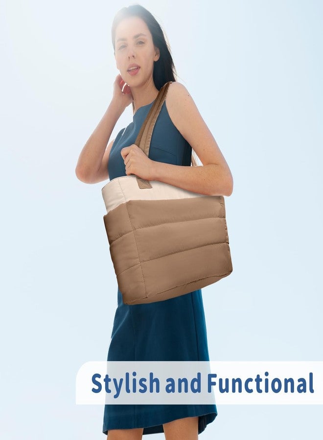 TOPDesign Puffer Tote Bag for Women, Lightweight Puffy Handbag with Compartments & Cosmetic Bag, Quilted Shoulder Bags for Work, Travel, Gym, Gifting (M Khaki/Beige) - Image 3