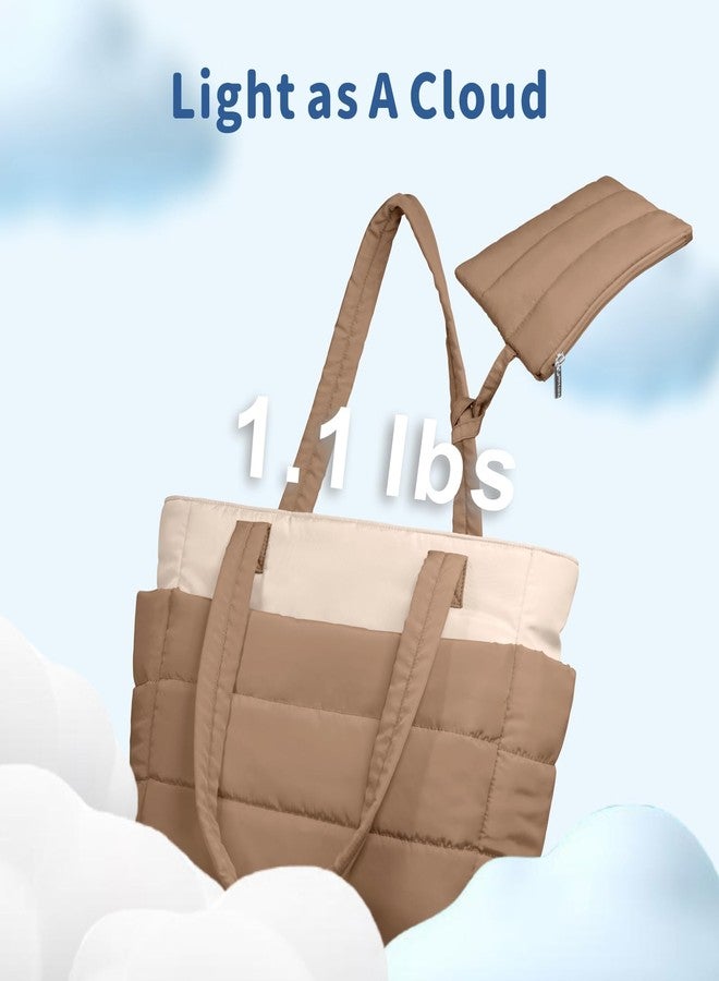 TOPDesign Puffer Tote Bag for Women, Lightweight Puffy Handbag with Compartments & Cosmetic Bag, Quilted Shoulder Bags for Work, Travel, Gym, Gifting (M Khaki/Beige) - Image 4