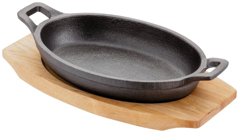 Judge Sizzle  Serve Medium Gratin Dish Cast Iron Skillet with Wooden Serving Stand Induction Ready 16cm X 11cm