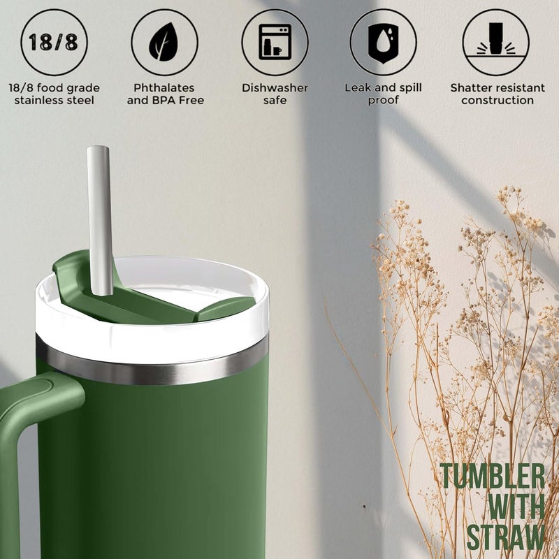 S2C Zenith 40oz Insulated Tumbler with Straw & Handle - Stainless Steel Thermal Cup for Hot & Cold Drinks - Leakproof, Travel-Friendly Water Tumbler Mug (Green) - Image 3