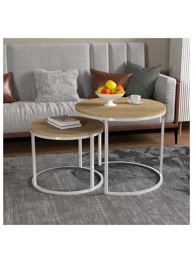 DANUBE HOME مجموعة رينلي من طاولتين جانبيتين دائريتين - ملحقات أثاث أنيقة من الخشب الأبيض/البلوط لغرفة المعيشة - خشب هندسي ومعدن متين - تصميم حديث متعدد الألوان - مثالي لديكور المنزل والمساحات الصغيرة