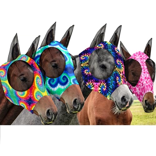 Frienda 4 Pcs 4th of July Horse Fly Masks with Ears Face Covering UV Protection from Insect Pests Elasticity Smooth Comfortable Mesh Horse Mask AccessoriesTiedyeMedium - Image 1