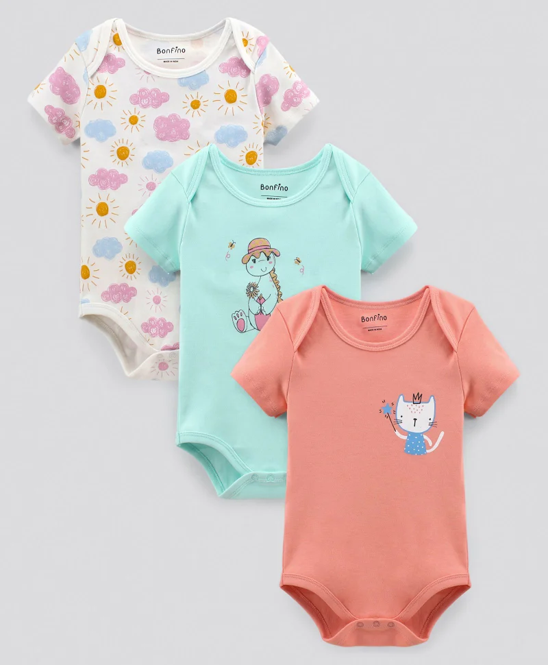 Bonfino Bonfino Half Sleeves Onesies Pack of 3 - Green Orange Ivory
