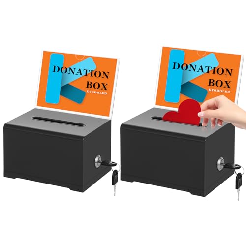 KYODOLED Black Donation Box for Fundraising, Suggestion Box with Lock and Key, Tip Jar for Tickets with Sign Holder, for Raffle, Event and Organization, 6.2"x4.6"x4", 2PACK (Sign Card Not Contain) - Image 1