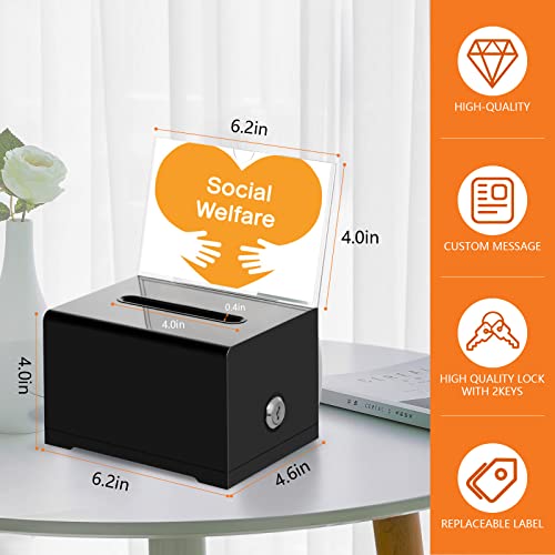 KYODOLED Black Donation Box for Fundraising, Suggestion Box with Lock and Key, Tip Jar for Tickets with Sign Holder, for Raffle, Event and Organization, 6.2"x4.6"x4", 2PACK (Sign Card Not Contain) - Image 2