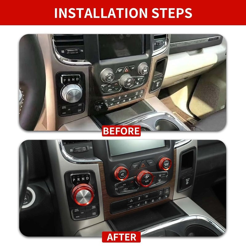 Hoolcar Aluminum Alloy Air Conditioner & Headlight Switch Knob Cover for 2013-2017 Dodge Ram - Red, 5 Pieces - Image 2