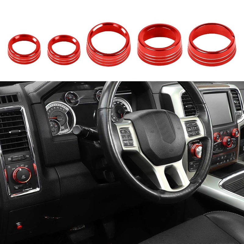 Hoolcar Aluminum Alloy Air Conditioner & Headlight Switch Knob Cover for 2013-2017 Dodge Ram - Red, 5 Pieces - Image 1