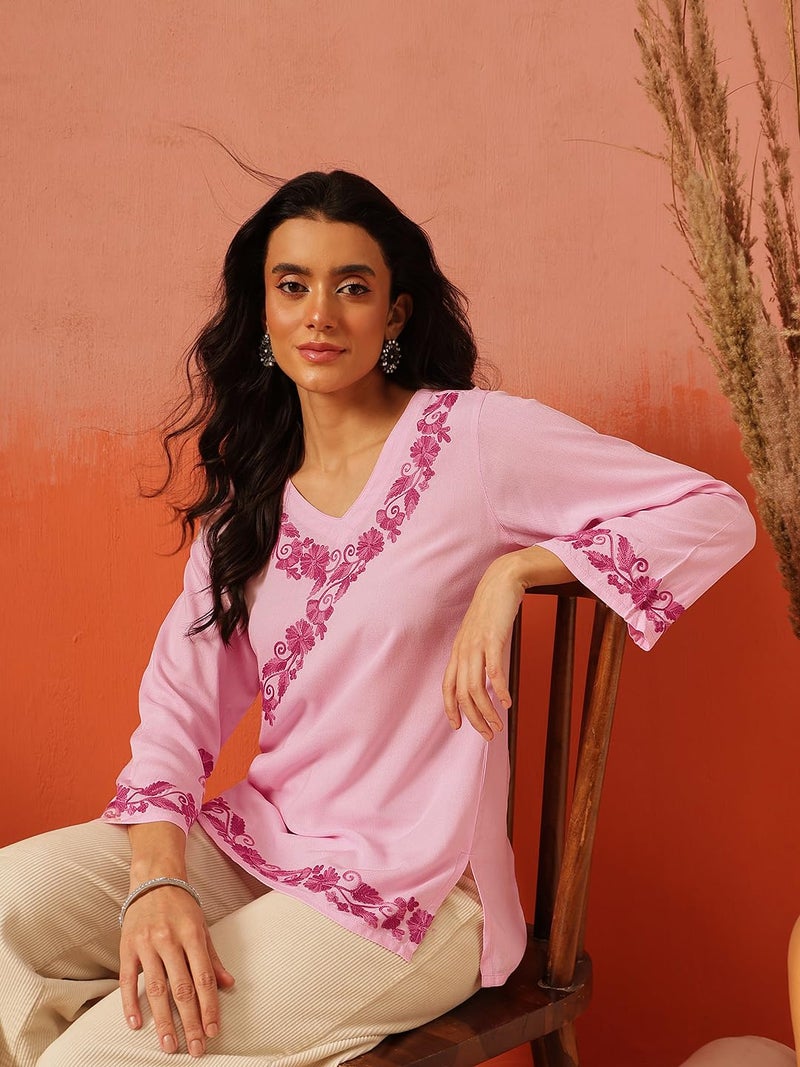 QAZMI Women's Jina V-Neck Kashmiri Aari Work Full Sleeves Kurti_XS Light Pink - Image 2