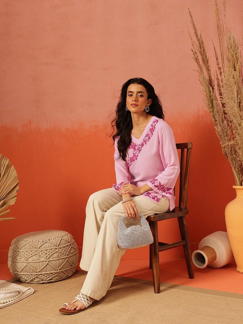 QAZMI Women's Jina V-Neck Kashmiri Aari Work Full Sleeves Kurti_XS Light Pink - Image 5