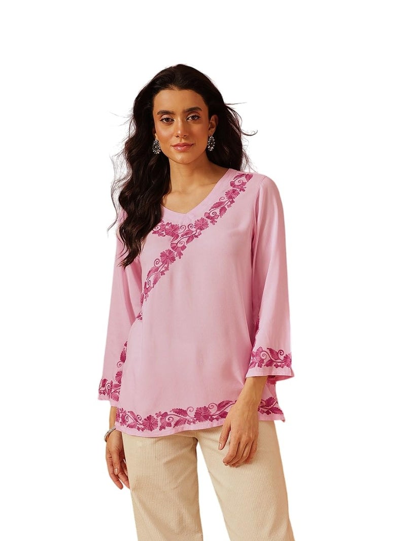 QAZMI Women's Jina V-Neck Kashmiri Aari Work Full Sleeves Kurti_XS Light Pink - Image 1