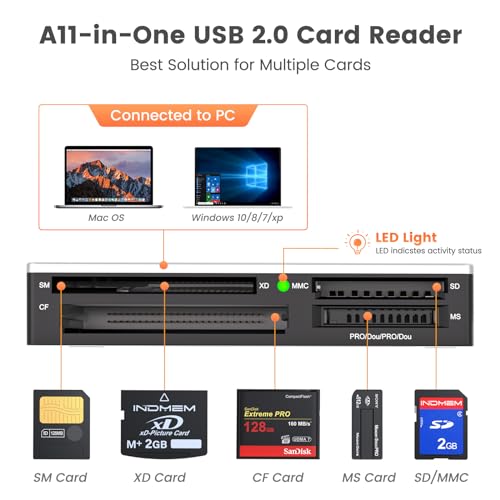 INDMEM SmartMedia Card Reader Writer All-in-1 USB Universal Multi Card Adapter Slim Hub Read Smart Media, xD, SD, SDHC, SDXC, UHS-I, MMC, MS Pro Duo, CF, MD, Camera Flash Memory Cards For Windows, Mac, Linux - Image 2