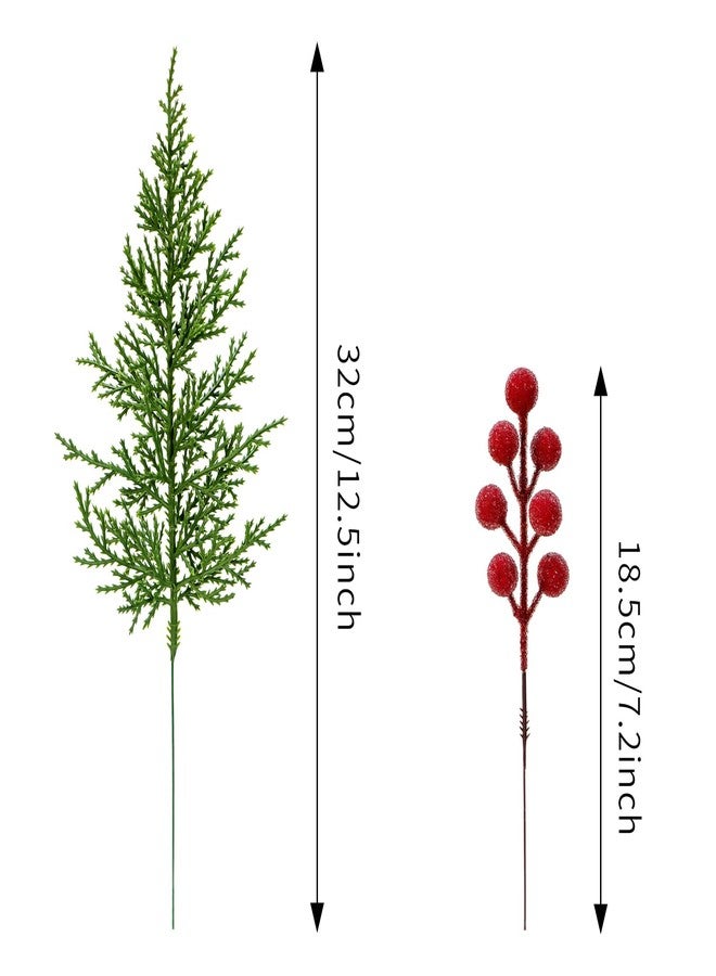 Kunjocy Set of 40 Artificial Pine Branches Christmas Holly Berries Stems Faux Evergreen Cedar Sprigs Craft Winter Greenery Frosted Berry Picks Holiday Christmas Tree Vase Fillers Decorations (Green & Red) - Image 2