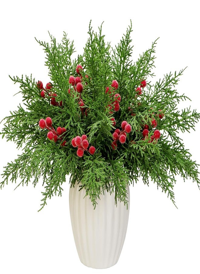 Kunjocy Set of 40 Artificial Pine Branches Christmas Holly Berries Stems Faux Evergreen Cedar Sprigs Craft Winter Greenery Frosted Berry Picks Holiday Christmas Tree Vase Fillers Decorations (Green & Red) - Image 1