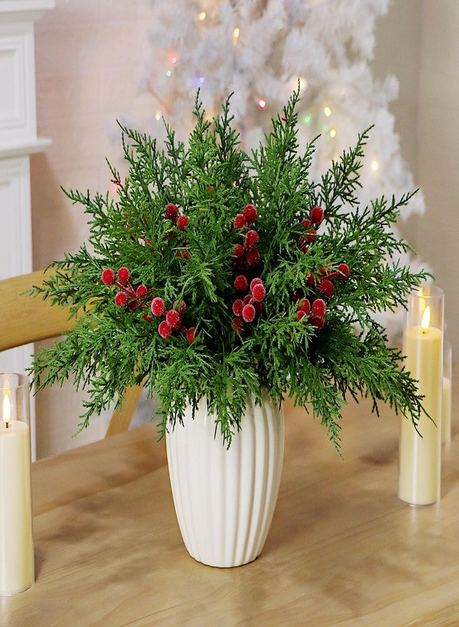 Kunjocy Set of 40 Artificial Pine Branches Christmas Holly Berries Stems Faux Evergreen Cedar Sprigs Craft Winter Greenery Frosted Berry Picks Holiday Christmas Tree Vase Fillers Decorations (Green & Red) - Image 4