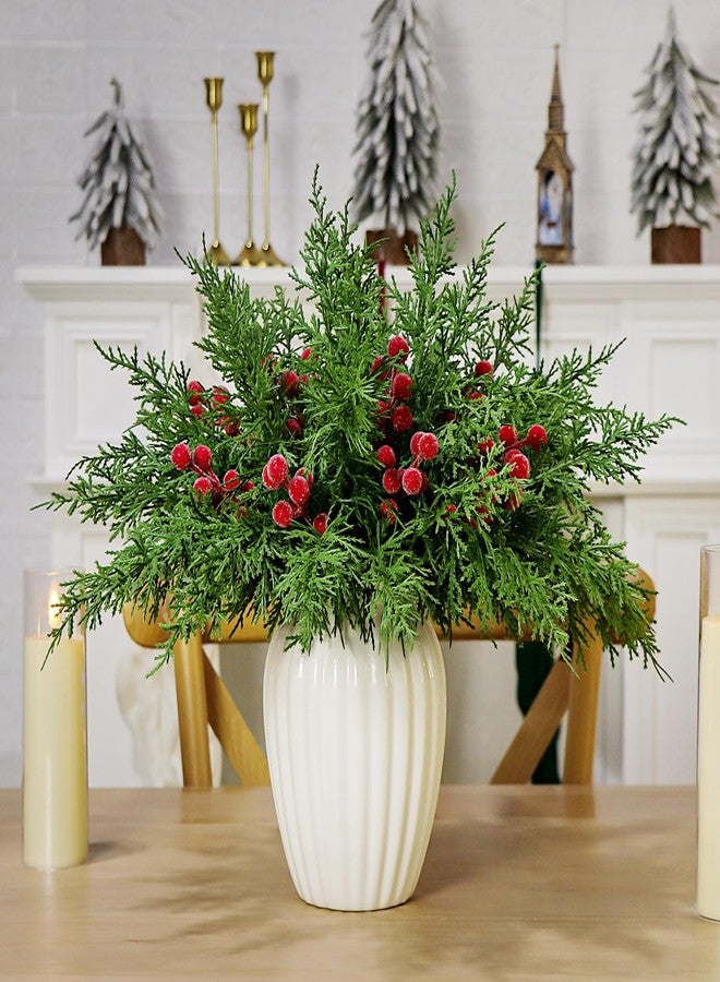 Kunjocy Set of 40 Artificial Pine Branches Christmas Holly Berries Stems Faux Evergreen Cedar Sprigs Craft Winter Greenery Frosted Berry Picks Holiday Christmas Tree Vase Fillers Decorations (Green & Red) - Image 3