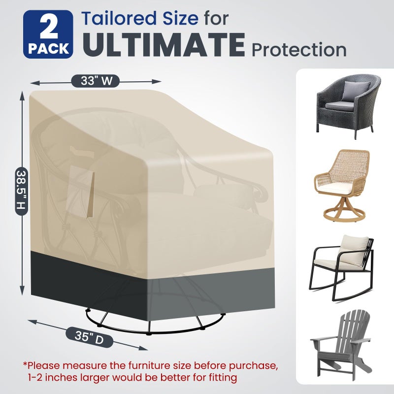 Kikcoin Extra Heavy Duty Patio Chair Covers Waterproof Up to 8000pa, 2 Pack Patio Furniture Covers for Outdoor Swivel/ Rocking Chair/ Adirondack Chairs, Outdoor Seat Cover with Air Vents, 33"W x 35"D x 38.5"H - Image 2
