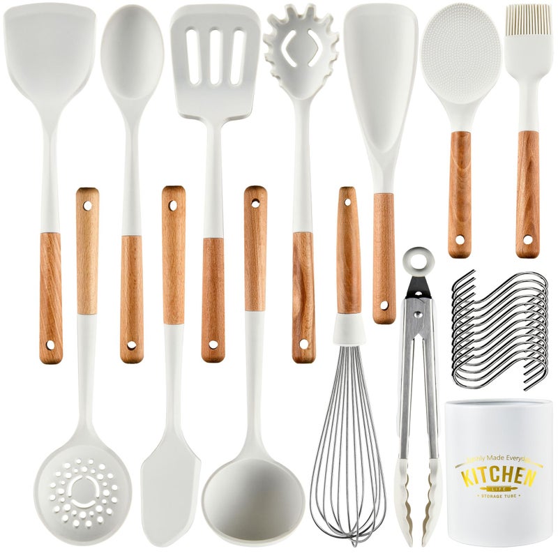 Keidason Silicone Kitchen Utensils Set446F Heat Resistant 13 Piece Wood Handle For Nonstick Cooking Set BPA Free TurnerTongsSpatulaSpoonBrushWhisk White