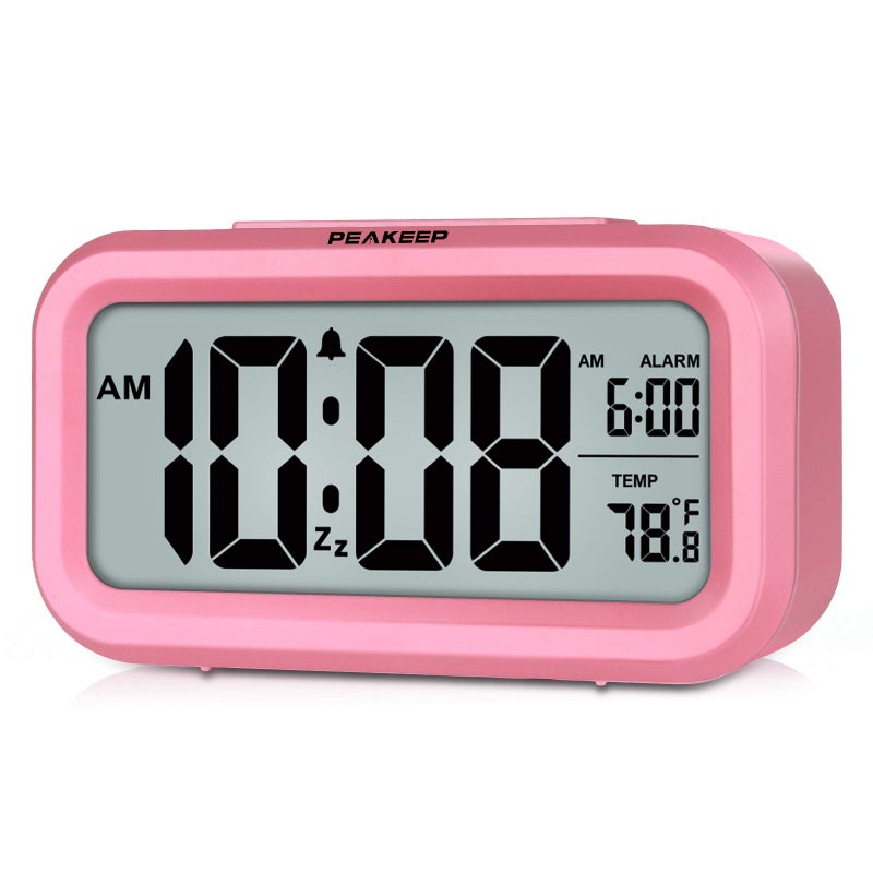Peakeep Night Light Alarm Clock Battery Operated with Indoor Temperature Desk Digital Clock for Kids Girls Bedrooms Pink