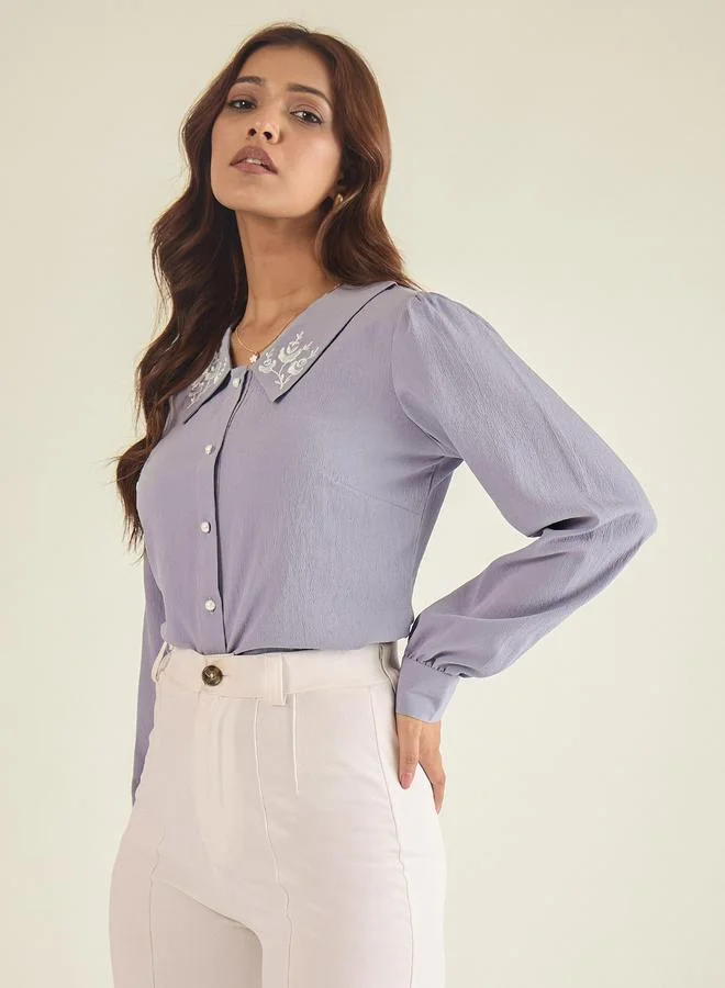 WineRed Women Purple Embroidered Collared Shirt