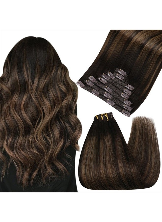 Ugeat 20 Inch Clip in Hair Extensions Real Human Hair #2/6/2 Balayage Brown Real Hair Extensions Clip in Human Hair 7pcs Double Weft Human Hair Clip in 120 Grams - Image 1