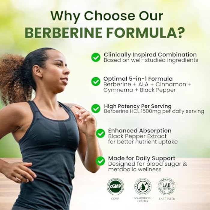 Berberine 1500 mg – with ALA, Ceylon Cinnamon, Gymnema & Black Pepper 900 mg | Blood Sugar & Metabolic Support | 90 Vegan Capsules 30 Day Supply - Image 4