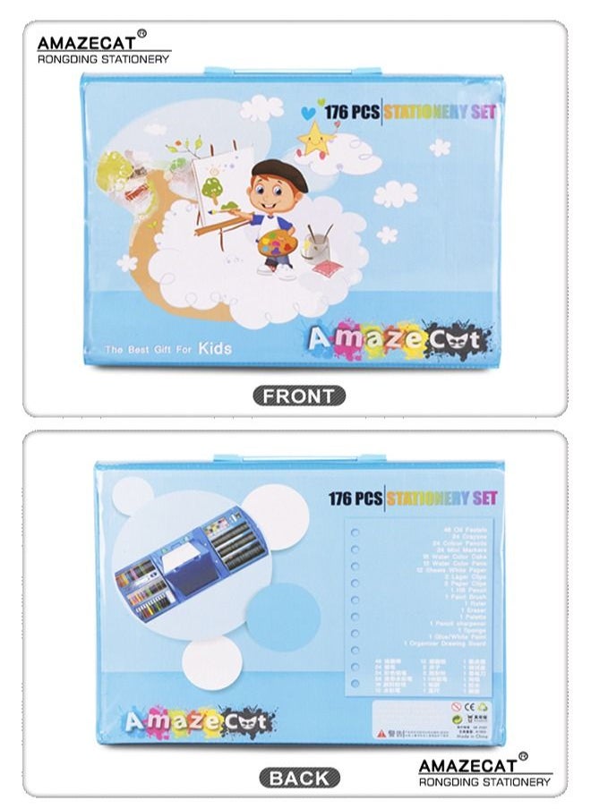 AMAZECAT - Art Supplies, 176 PCS Drawing Art Kit for Kids Boys Girls, Deluxe Art and Craft Set with Double Sided Trifold Easel, Markers, Oil Pastels, Crayons, Colour Pencils. Gift for Artist, Beginners - Image 1